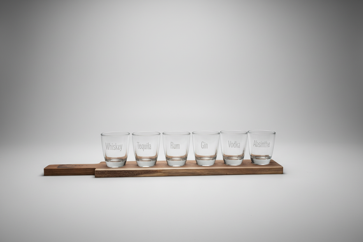 Personalisiertes Shotbrett aus Akazienholz mit 6 gravierten Gläsern