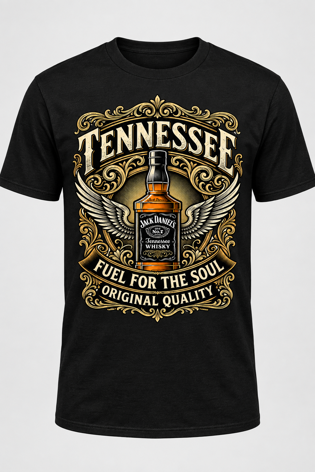 Schwarzes T-Shirt mit ornamentalem Flaschen-Print