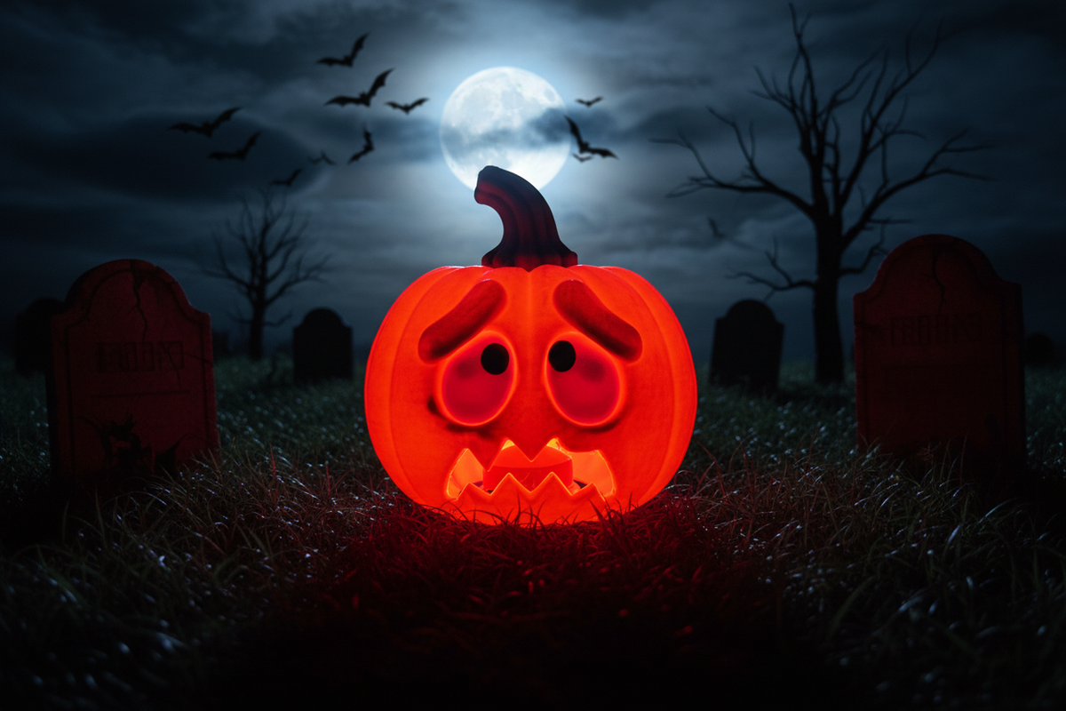 Halloween Kürbis Panik-Gesicht – rot leuchtend Friedhof Nacht