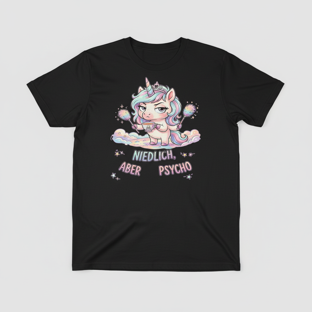 Schwarzes T-Shirt mit Einhorn-Motiv Niedlich, aber Psycho