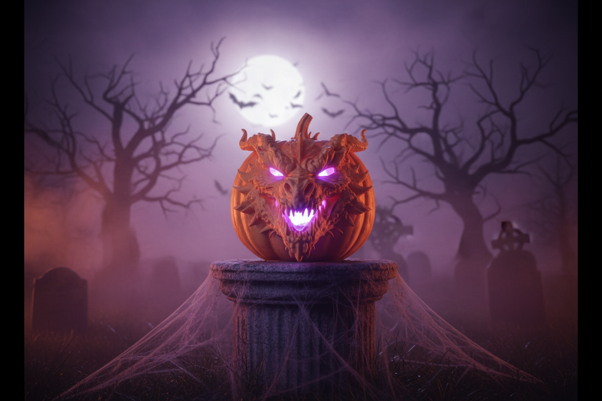 Halloween Drachen-Dämon Kürbis – Friedhof Halloween Szene