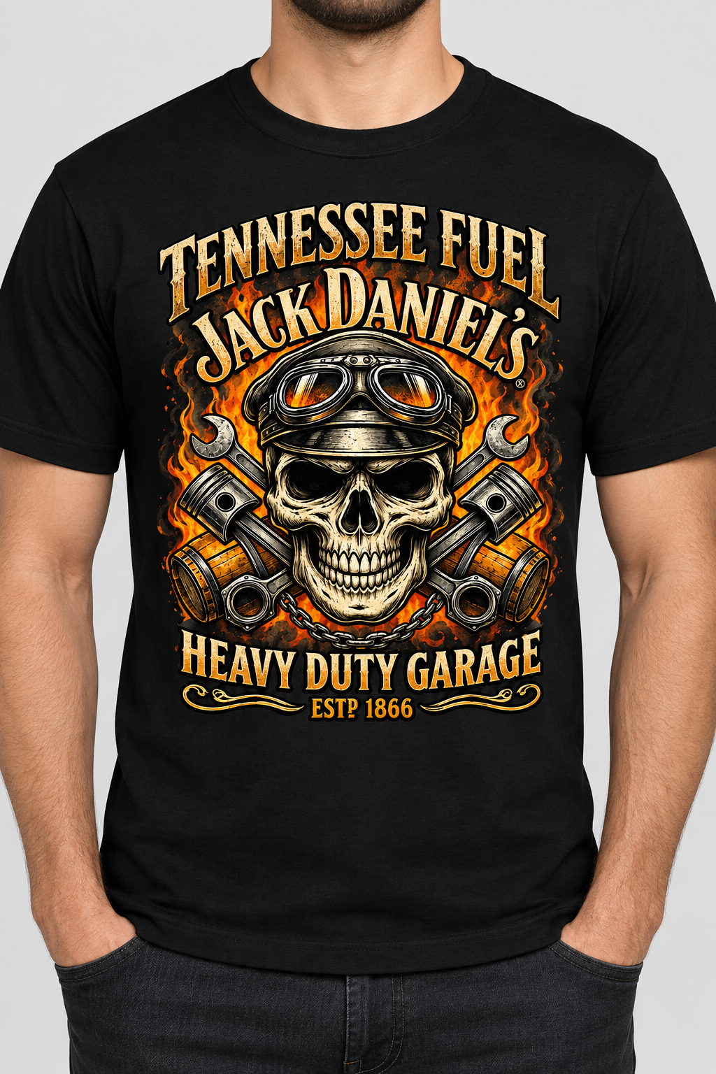 Schwarzes T-Shirt mit Skull und Pistons Print