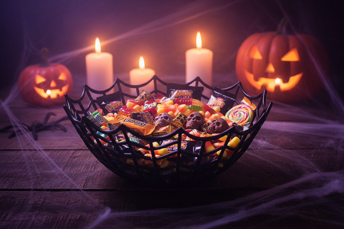 Halloween Spinnennetz Schale – gefüllt mit Süßigkeiten Halloween Szene