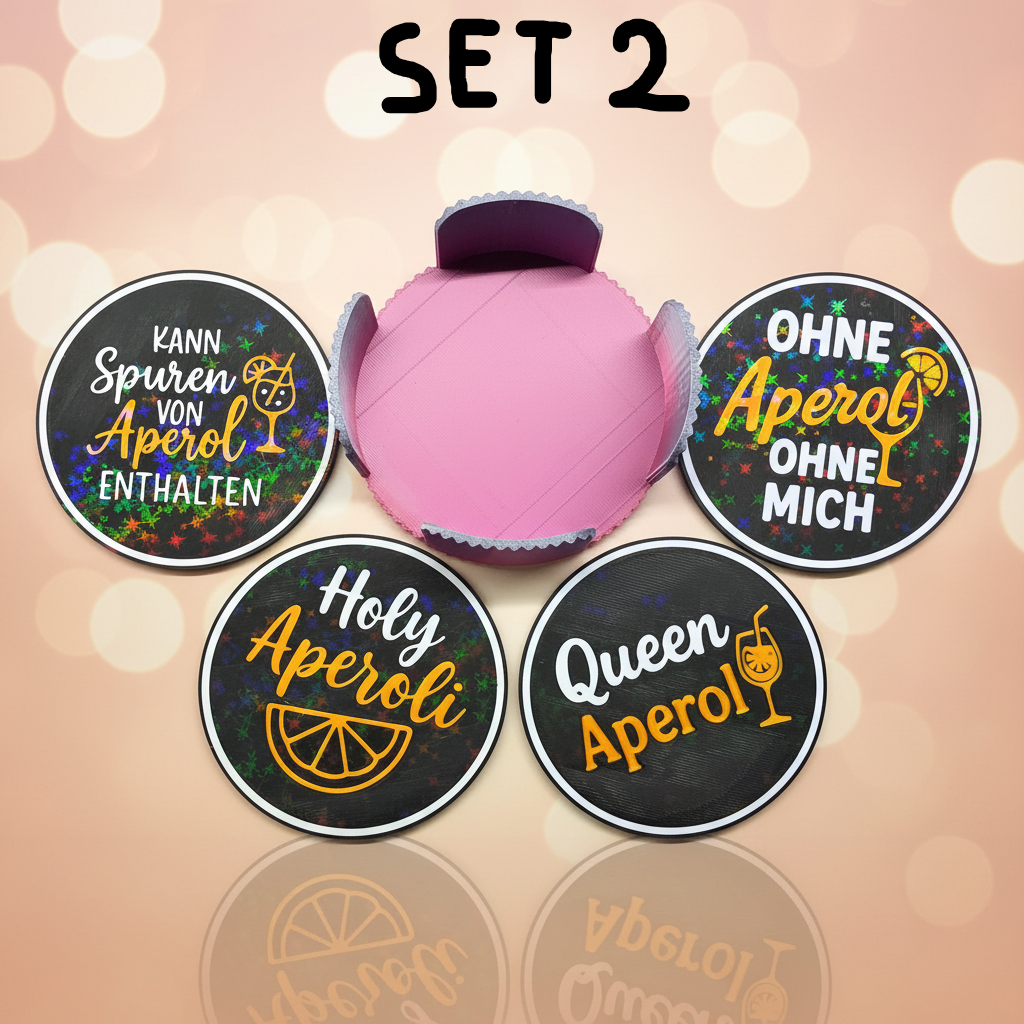 Aperol Untersetzer 4er Set – 3D gedruckt mit Holo-Glitzer & Ständer