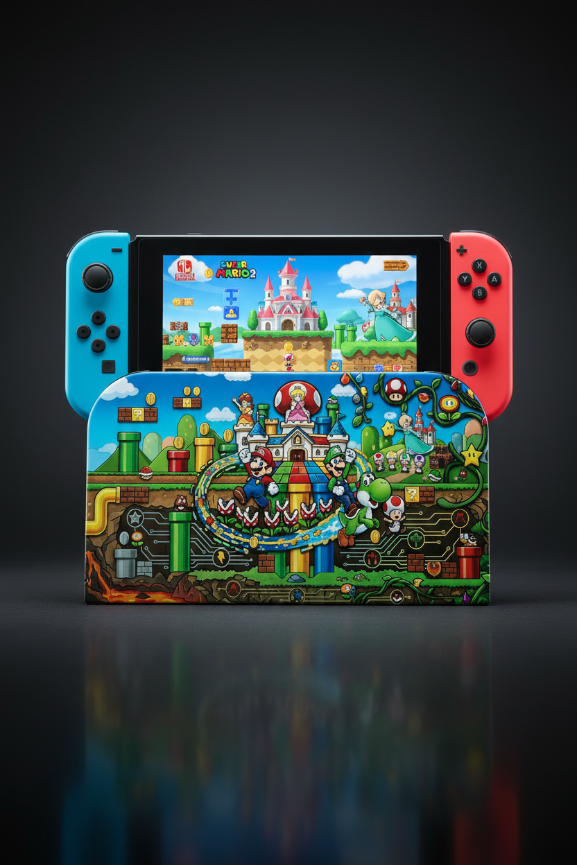 Switch 2 Dock mit Konsole und Mario Cover